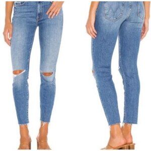 MOTHER High Waisted Looker Ankle Fray Jeans Thrilling Shots Blue Distressed 31
